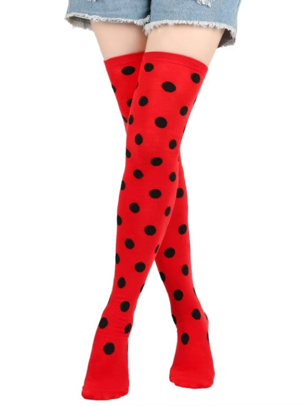 Women's Polka Dot Pattern Red with Black Dots Over Knee Thigh High Socks Ladybug